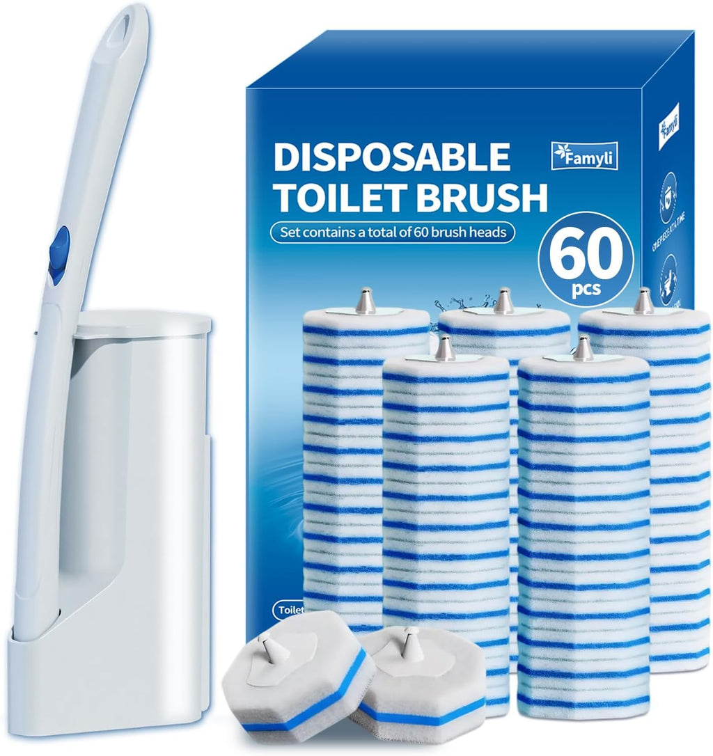 Disposable Toilet Brush Set with 60 Replacement Heads, Toilet Cleaning Replacement Pads, Starter Kit with Storage Case for Deep Cleaning and Hygienic Bathroom Maintenance