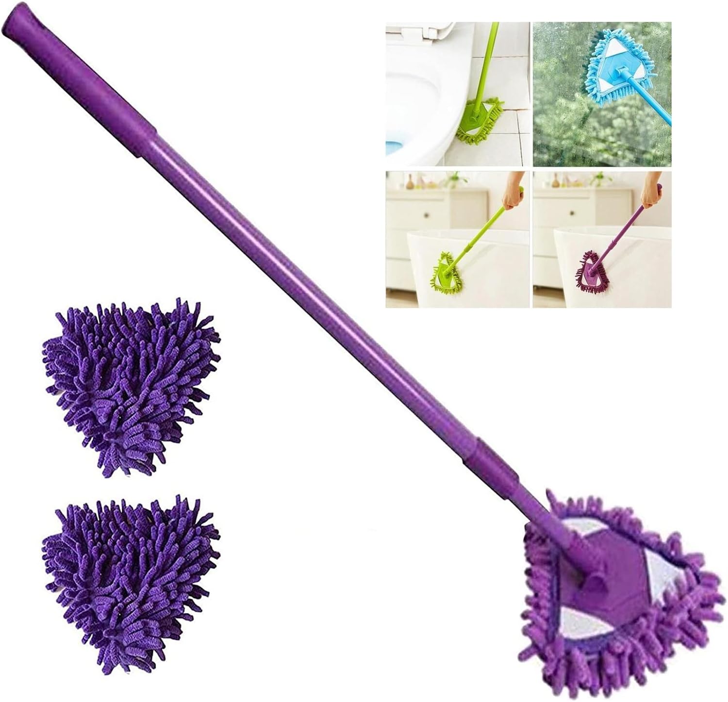 2022 New Rotatable Adjustable Triangle Cleaning Mop with 2 Mop Replacement Heads, 180 Degree Spin Triangle Wall Cleaning Mop, Microfiber Ecloth Mops Wet and Dry for Bathroom Floor Wall Bed (Purple)