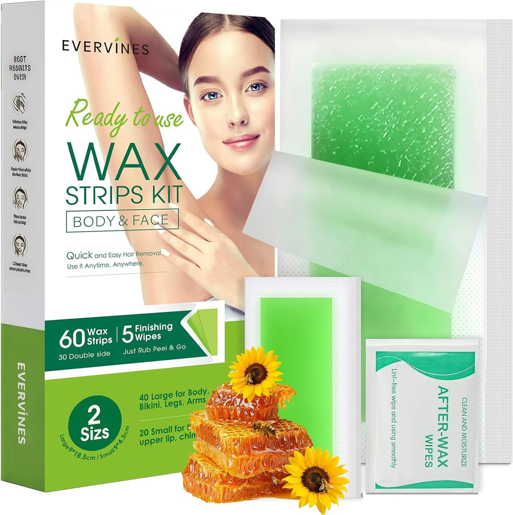 Body Wax Strips for Hair Removal: 60 Strips (40 Large, 20 Small) & 5 Oil Wipes – Gentle & Fast for Body & Face – Ideal for women& Men Home & Travel (1 pack)