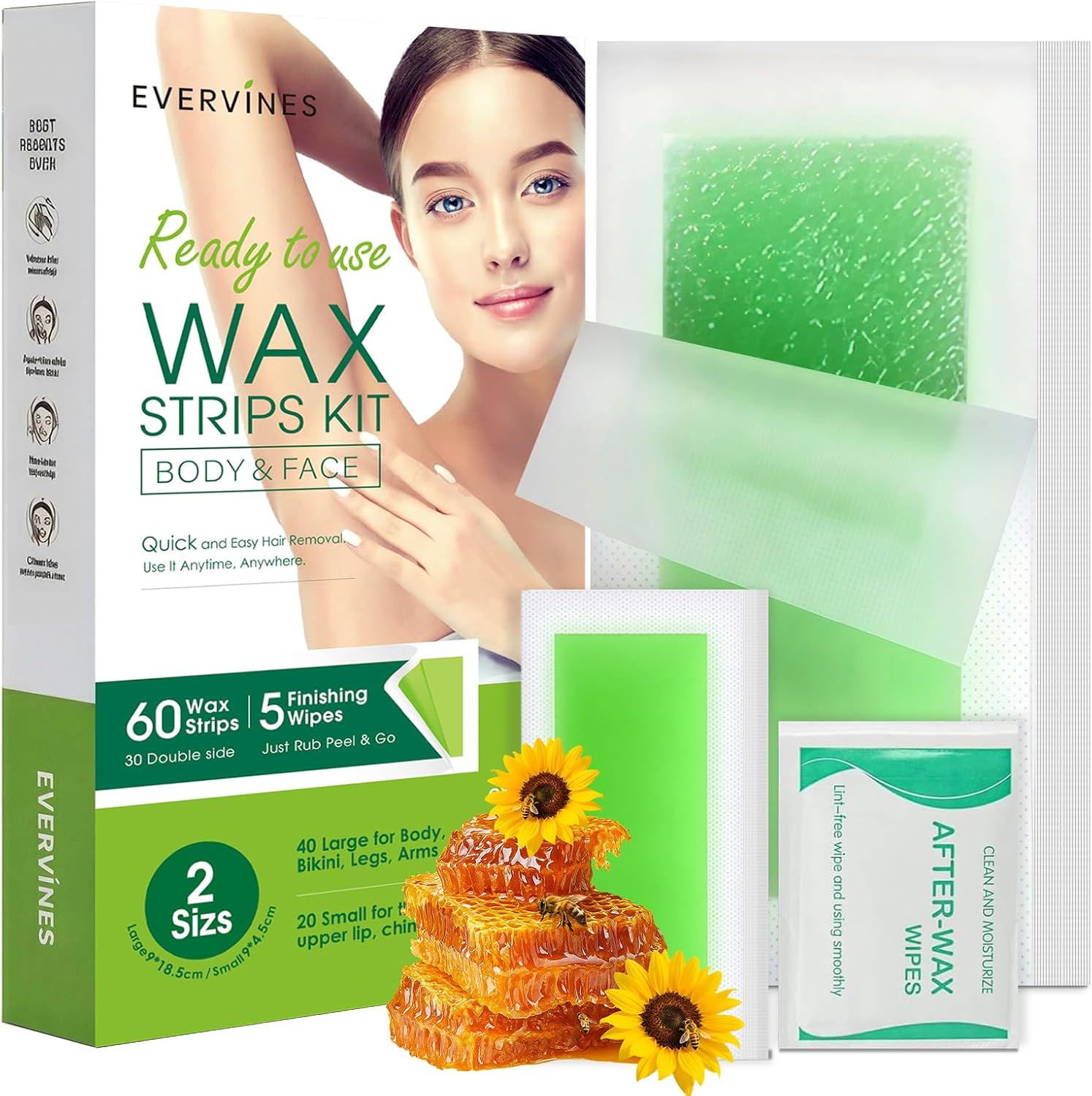 Body Wax Strips for Hair Removal: 60 Strips (40 Large, 20 Small) & 5 Oil Wipes – Gentle & Fast for Body & Face – Ideal for women& Men Home & Travel (1 pack)