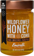 Emirelli Raw Wildflower Honey With Comb, 100% Pure Unfiltered Honey, All-Natural Honeycomb, No Additives, No Preservatives, Fresh, Cooking, Spreading, Baking Sweet & Healthy Food, Glass Jar - 16oz