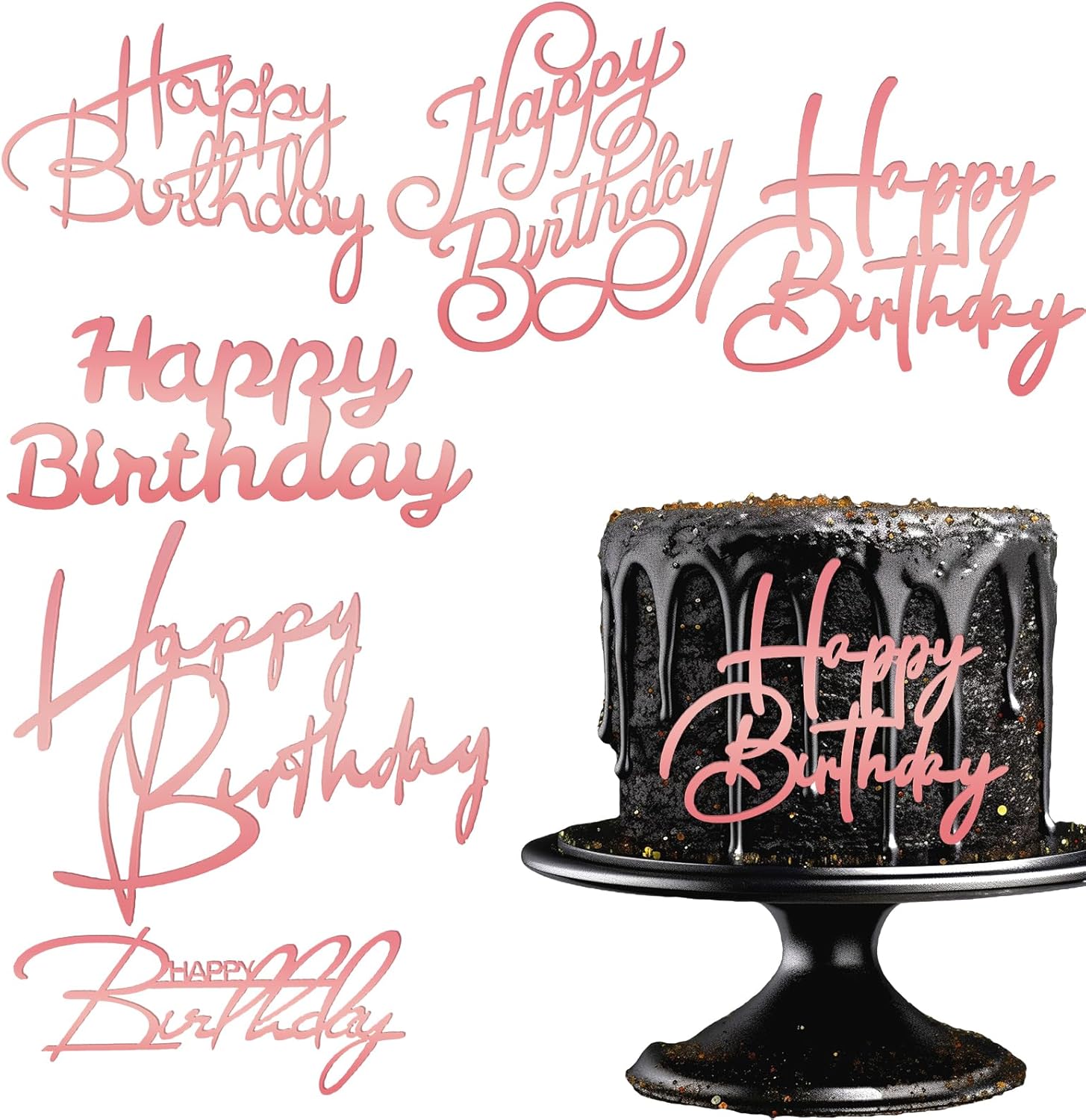 6 PCS Happy Birthday Side Cake Toppers Pink Mirror Side Cake Toppers DIY Acrylic Glitter Cake Inserts Celebration Birthday Party Event Cupcake Decorations (Rose Gold)