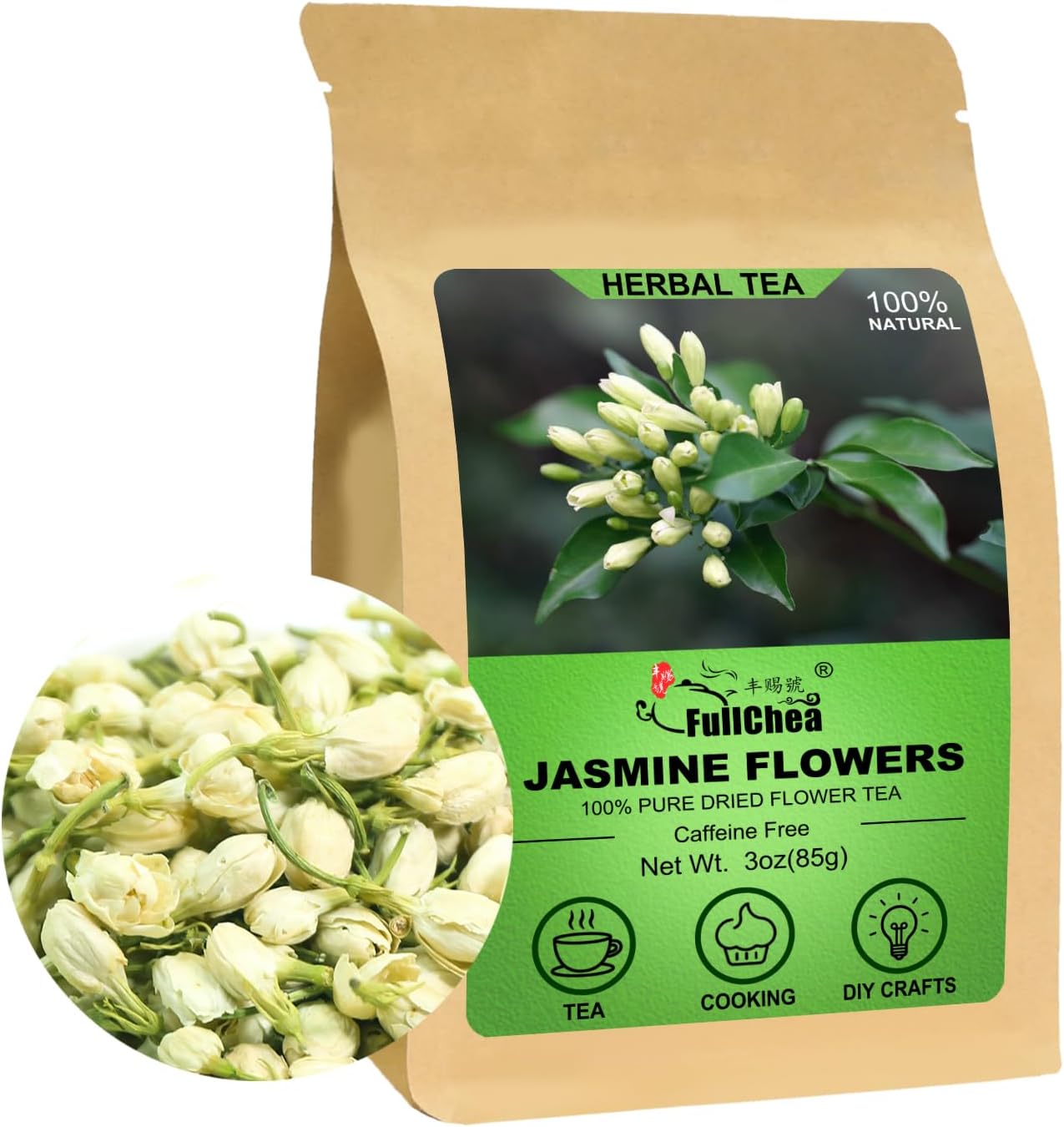 FullChea - Dried Jasmine Flowers, 3oz/85g - Premium Edible Flowers Whole Buds - Non-GMO - Caffeine-free - Perfect For Tea
