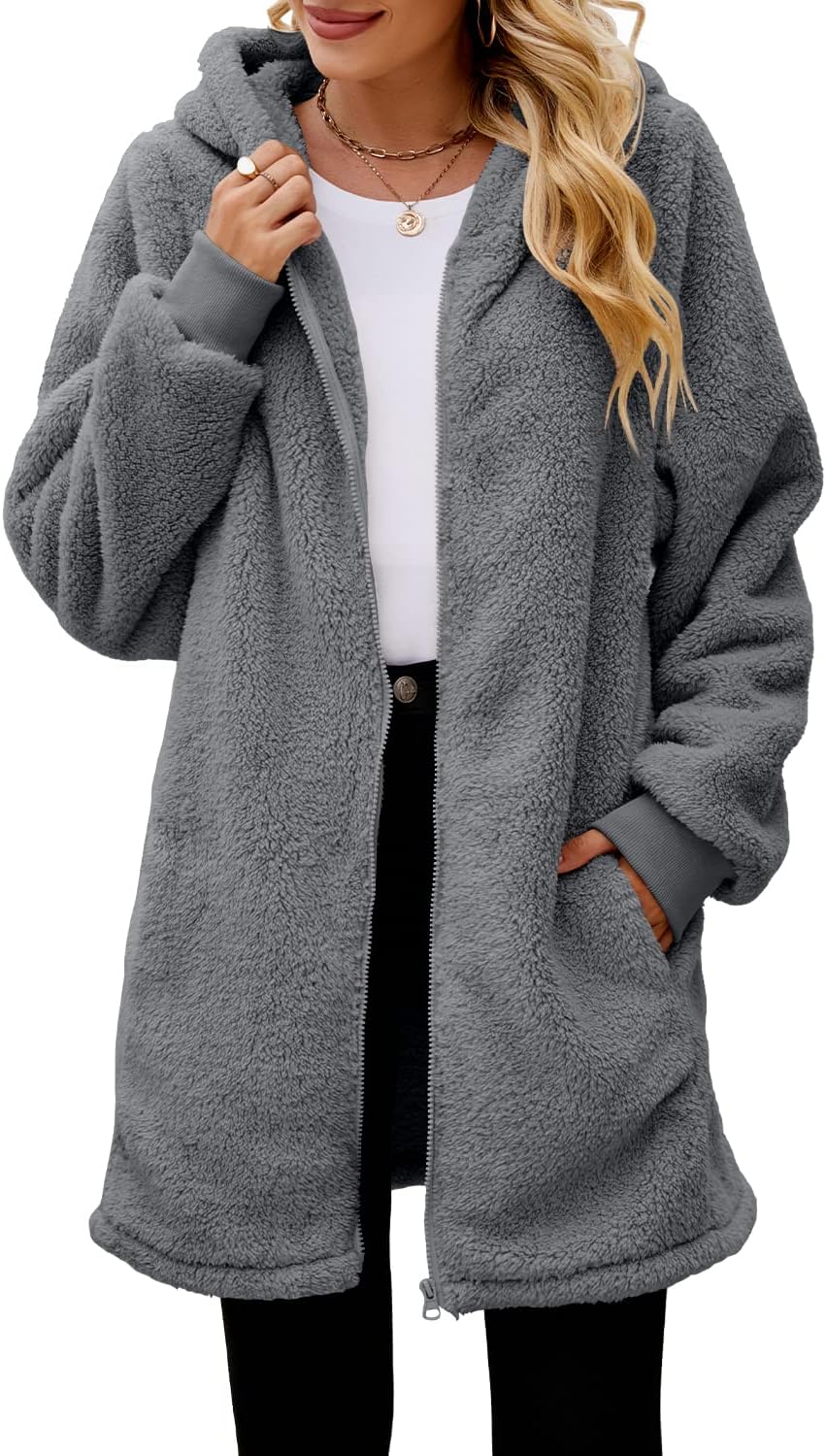 Yanekop Womens Oversized Sherpa Jacket Fuzzy Fleece Zip Up Jacket Warm Winter Coats Faux Fur Coat with Pockets