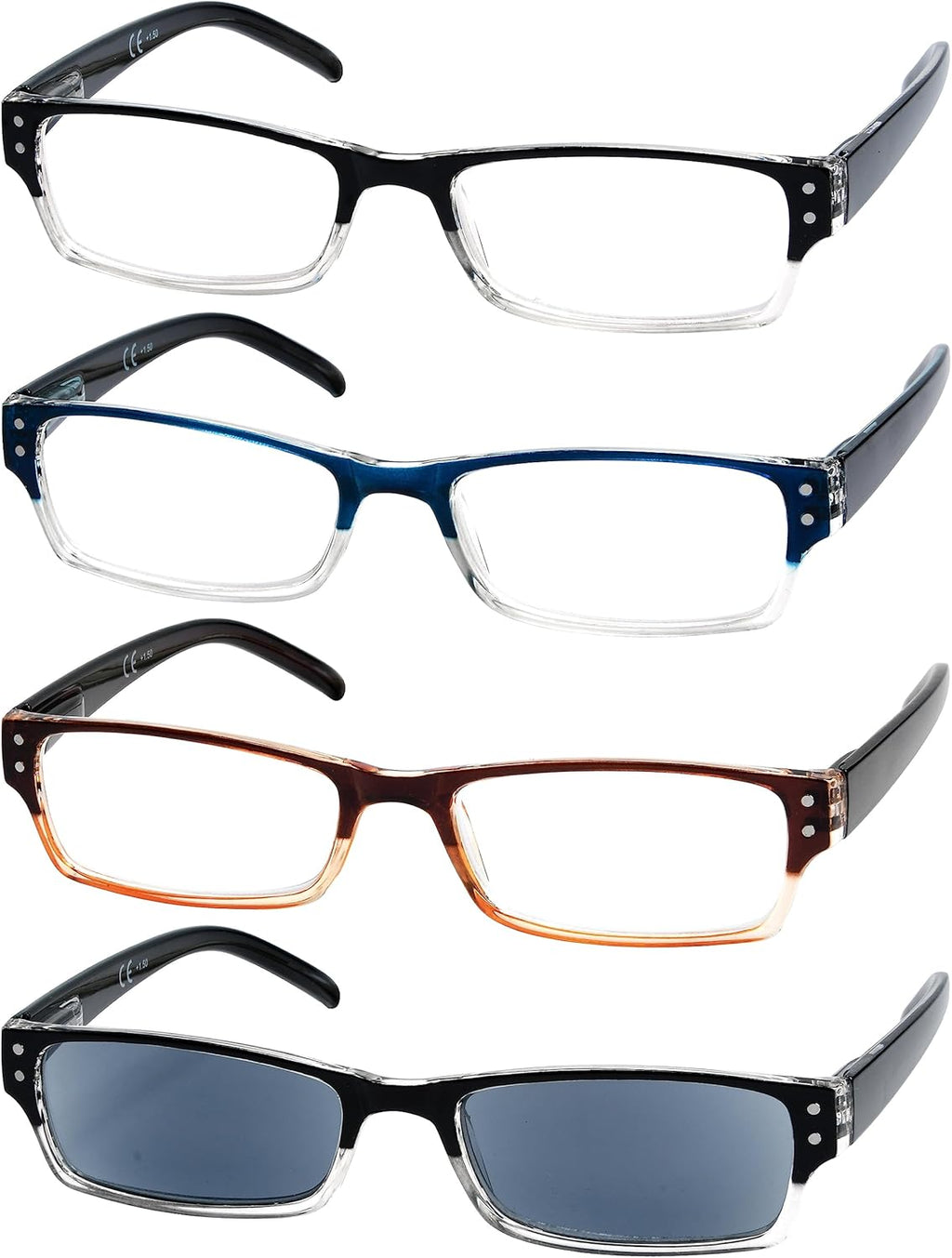 Eyekepper 4 Pack Classic Reading Glasses for Women and Men Include Reading Sunglasses Two-Tone Readers +1.75