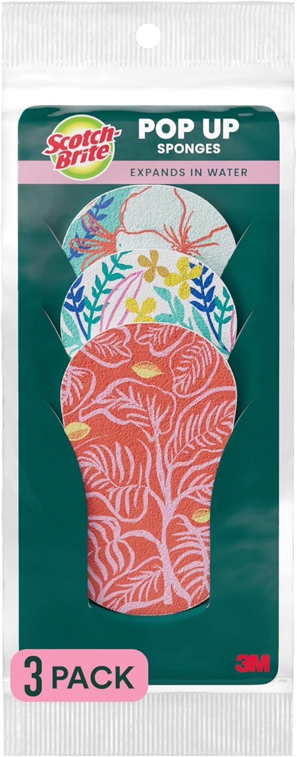 Scotch-Brite Pop Up Kitchen Sponges, Unique Compressed Kitchen Sponge for Cleaning Gently, Floral Pattern Dish Scrubber that Expands with Water, 3 Scrubbing Sponges