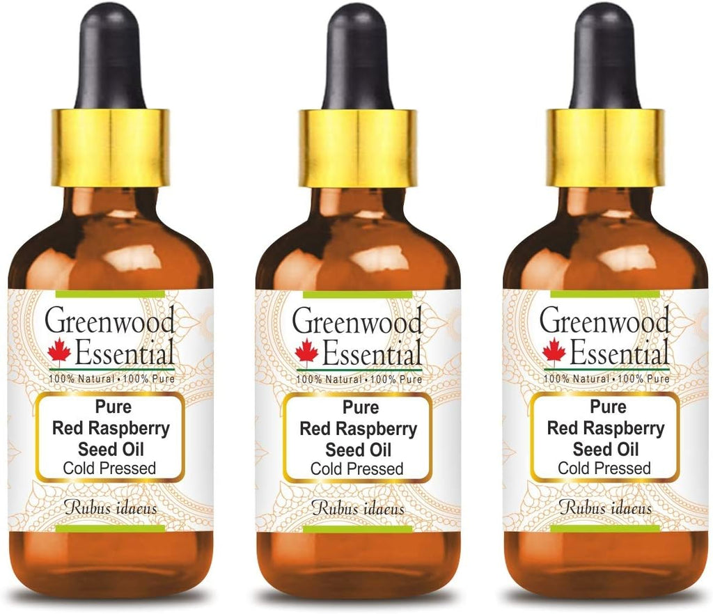 Greenwood Essential Pure Red Raspberry Seed Oil (Rubus idaeus) with Glass Dropper Cold Pressed (Pack Of Three) 100ml X 3 (10 oz)