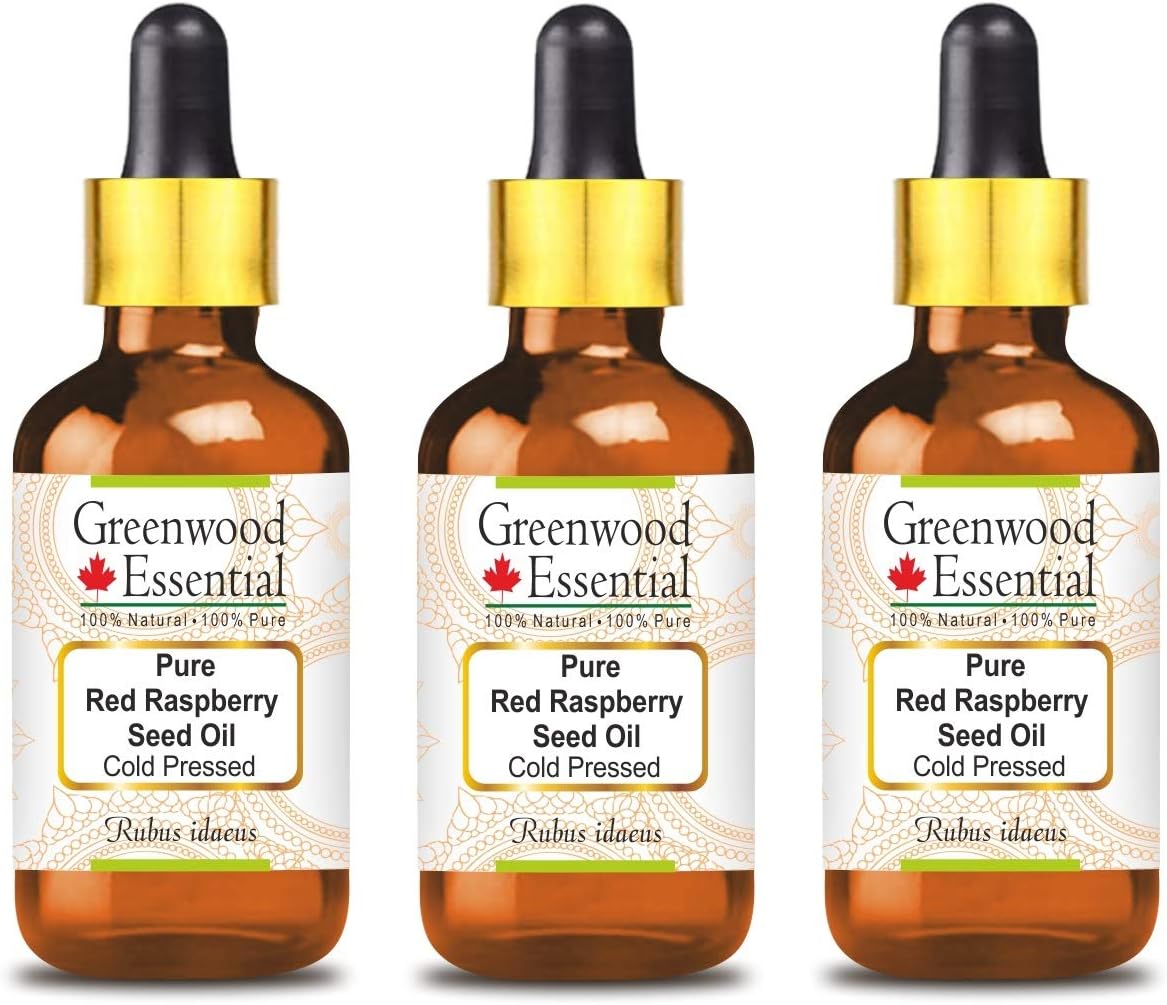Greenwood Essential Pure Red Raspberry Seed Oil (Rubus idaeus) with Glass Dropper Cold Pressed (Pack Of Three) 100ml X 3 (10 oz)