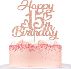 Rose Gold Glitter Happy 15th Birthday Cake Topper - Hello 15, Cheers to 15 Years, 15 & Fabulous, 15th Birthday/Anniversary Party Decorations