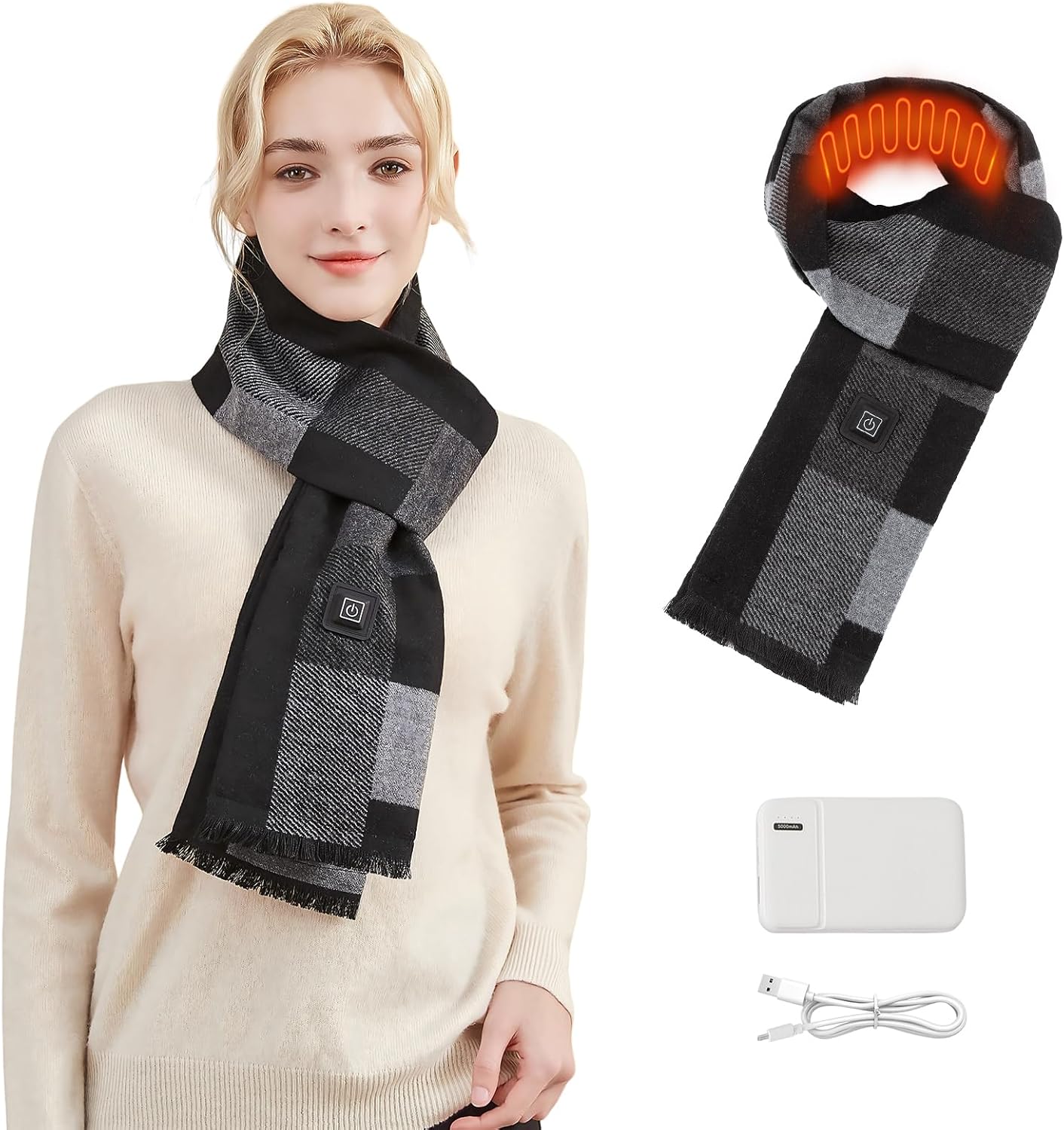Heated Scarf for Women, Intelligent Rechargeable Electric Neck Warmer with 5000mAh Battery Power Bank, USB Cordless Heating Wrap Pad for Outdoor Winter, Adjustable Warming Scarf for Men & Women