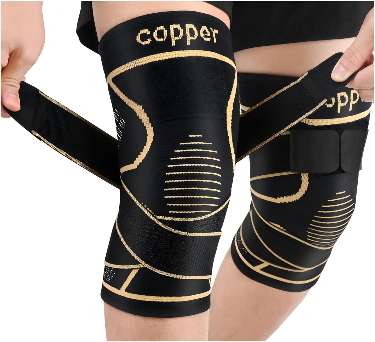Copper Knee Brace for Women Men 2-Pack, Knee Compression Sleeve with Straps, Knee Braces for Knee Pain, Knee Support for Running Working