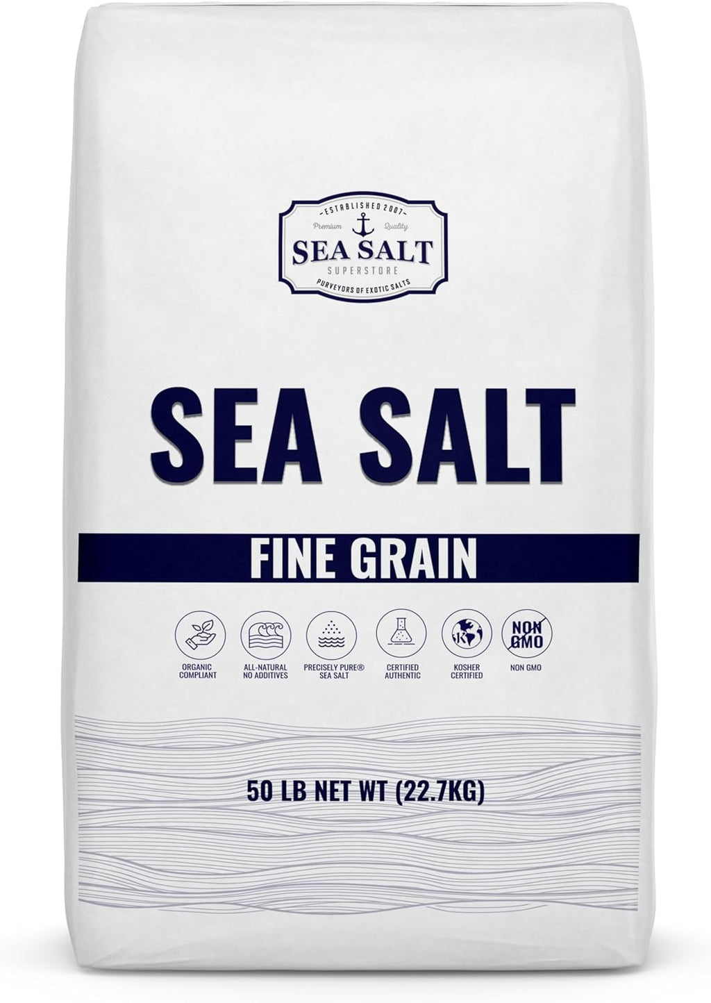 Bulk Kosher Fine Sea Salt for Commercial Use, Food Grade Non-Iodized with No Additives, Pure & Unrefined Kosher Salt, 50 lb Bag