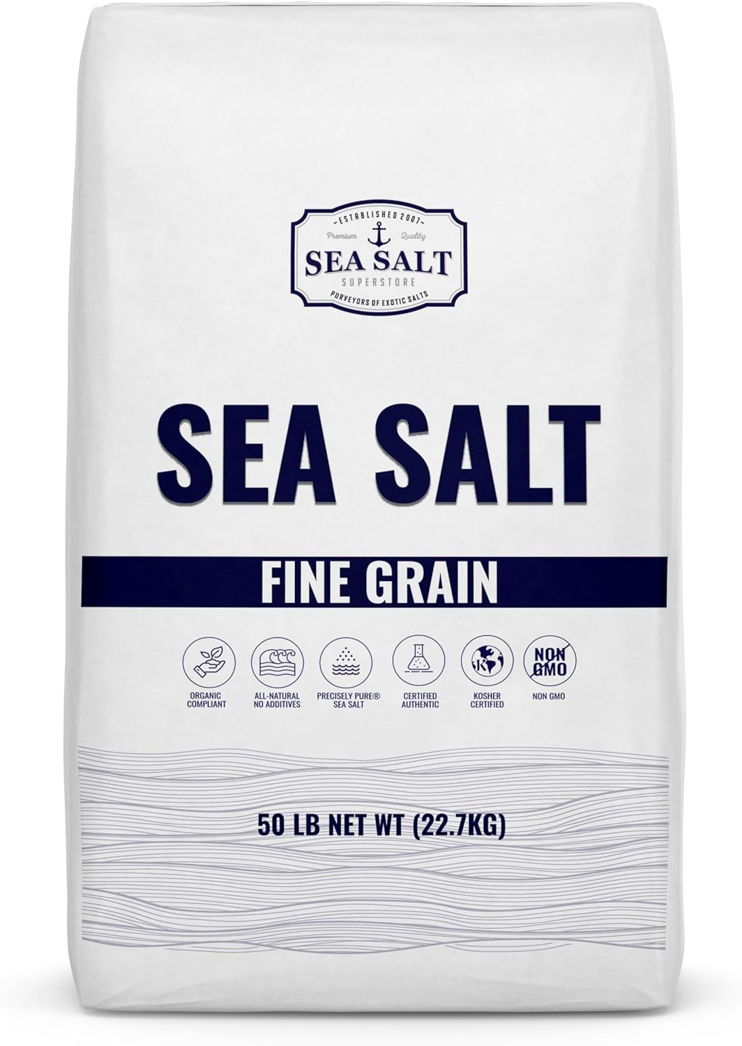Bulk Kosher Fine Sea Salt for Commercial Use, Food Grade Non-Iodized with No Additives, Pure & Unrefined Kosher Salt, 50 lb Bag