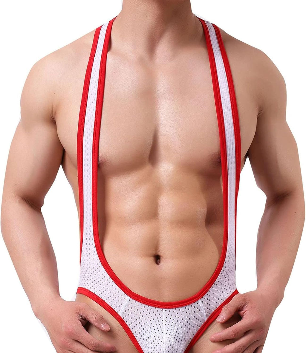 ROSVAJFY Men Sexy One Piece Jockstrap Leotard Wrestling Singlet Thong Underwear Mesh Jumpsuit Stretch Breathable Bodysuit