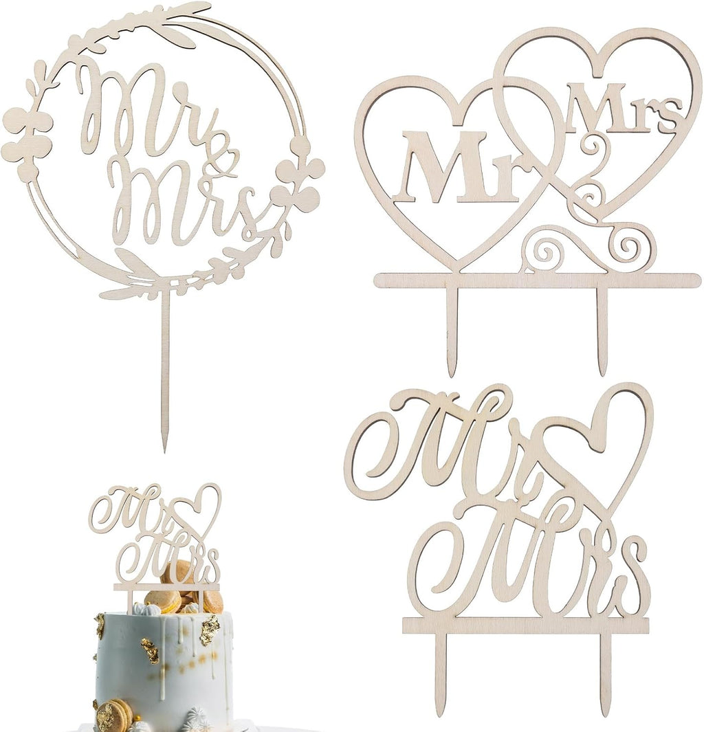 3 PCS Rustic Wooden Wedding Cake Topper Mr and Mrs, Bride and Groom Cake Topper Wedding Anniversary Bridal Shower, Engagement Party Decorations, Wedding Decoration, Perfect Keepsake