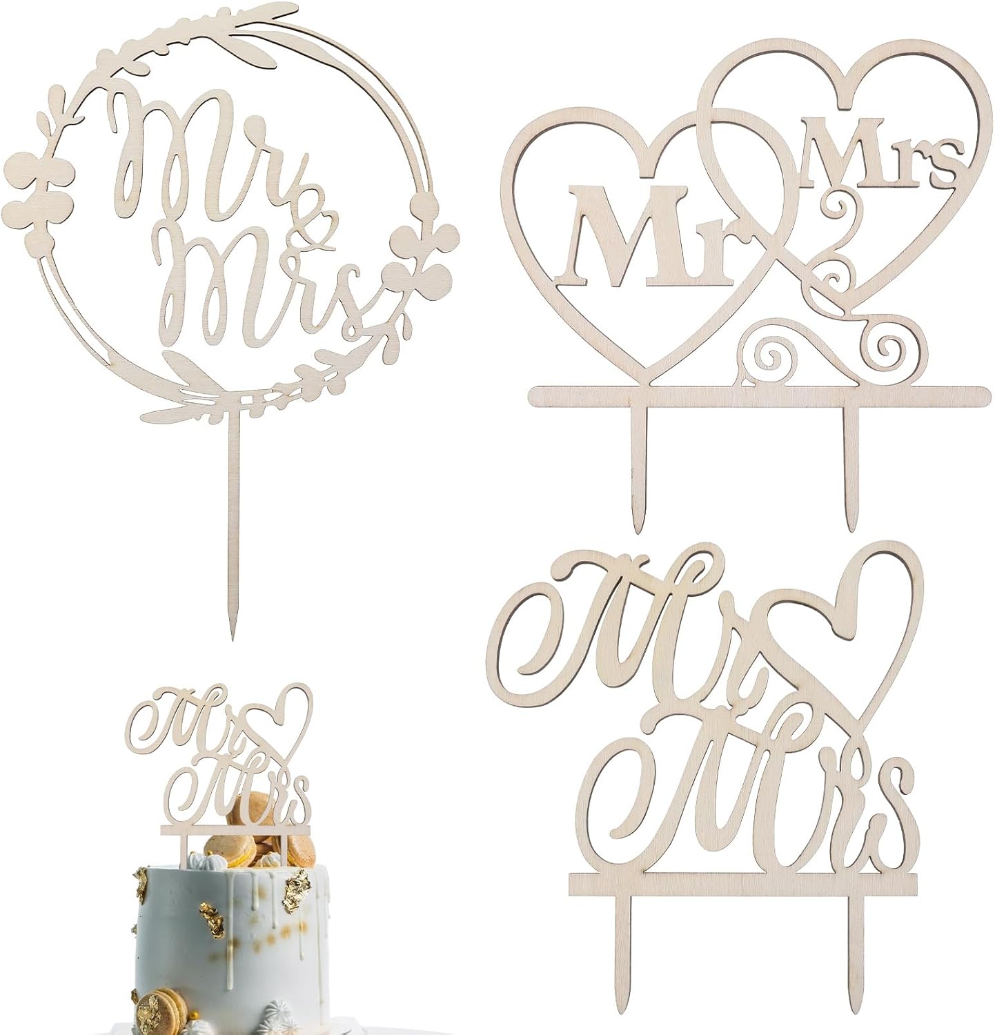 3 PCS Rustic Wooden Wedding Cake Topper Mr and Mrs, Bride and Groom Cake Topper Wedding Anniversary Bridal Shower, Engagement Party Decorations, Wedding Decoration, Perfect Keepsake