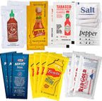 Condiment and Hot Sauce Packets Variety Pack - 325-ct Single Serve Ketchup Packs, Mayo and Mustard & Salsa Picante Selection w/Tabasco Pepper Sauce, Spicy Sriracha & Mini Mexican Hot Sauce Packets