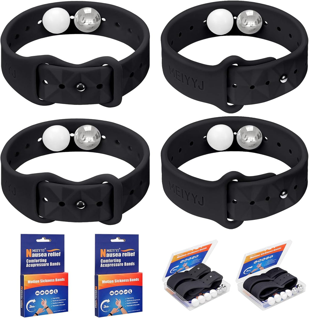 Motion Sickness Bands for Adults and Kids Sea Wristbands for Cruise Travel Wristband, Natural Relief Wristbands，Sea Bands for Pregnancy Women (2 Pairs Black)