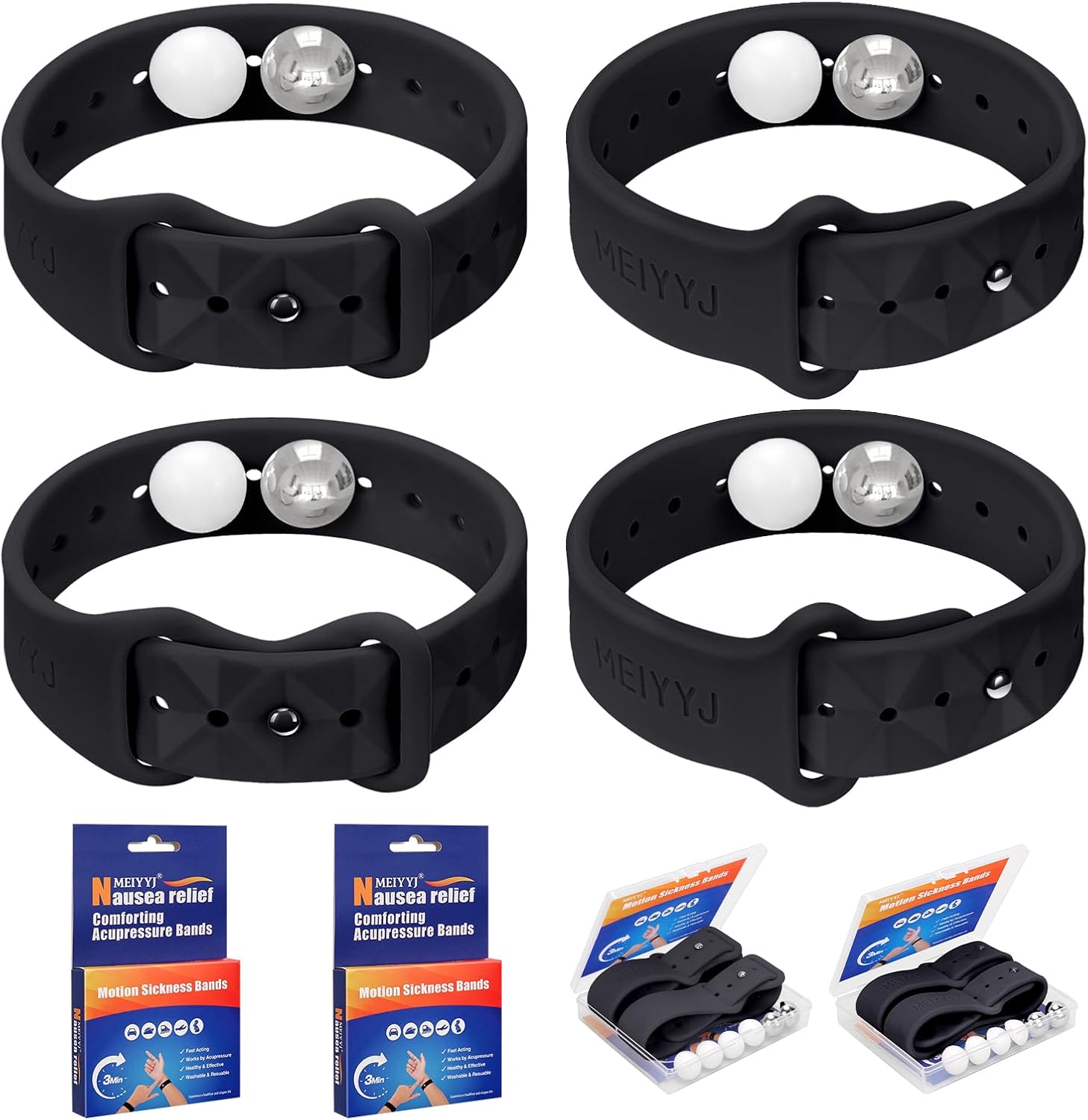 Motion Sickness Bands for Adults and Kids Sea Wristbands for Cruise Travel Wristband, Natural Relief Wristbands，Sea Bands for Pregnancy Women (2 Pairs Black)