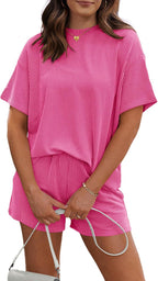RUBZOOF Women's 2 Piece Sets Short Sleeve Outfits Ribbed Textured Knit Lounge Shorts Set Oversized Tracksuit Matching Sets