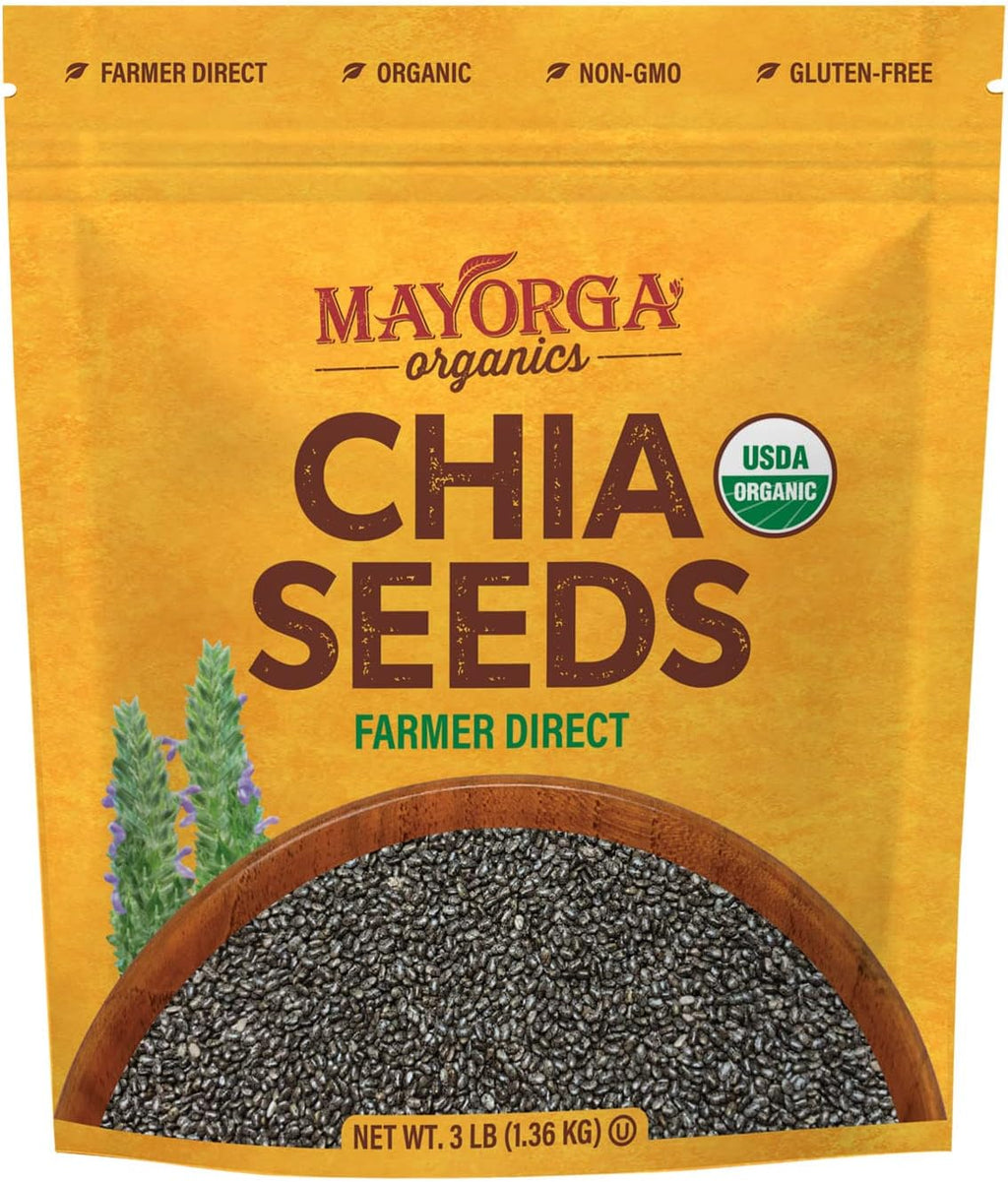 Mayorga Organic Raw Chia Seeds, 3lb Resealable Bag | Superfood w/Plant-Based Omega 3 & Vegan Protein | USDA Certified, Gluten-Free, Non-GMO, Direct Trade, Kosher | Add to Breakfast, Oats & More