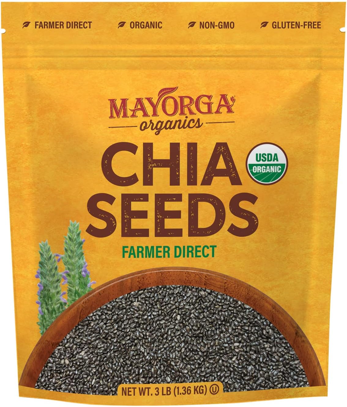Mayorga Organic Raw Chia Seeds, 3lb Resealable Bag | Superfood w/Plant-Based Omega 3 & Vegan Protein | USDA Certified, Gluten-Free, Non-GMO, Direct Trade, Kosher | Add to Breakfast, Oats & More