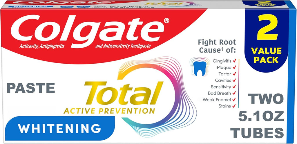 Colgate Total Whitening Toothpaste Paste, 5.1 oz, 2 Pack, Fluoride Antibacterial for Plaque, Gingivitis, Sensitivity, Stain Removal, Clinically Proven, Mint