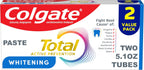Colgate Total Whitening Toothpaste Paste, 5.1 oz, 2 Pack, Fluoride Antibacterial for Plaque, Gingivitis, Sensitivity, Stain Removal, Clinically Proven, Mint