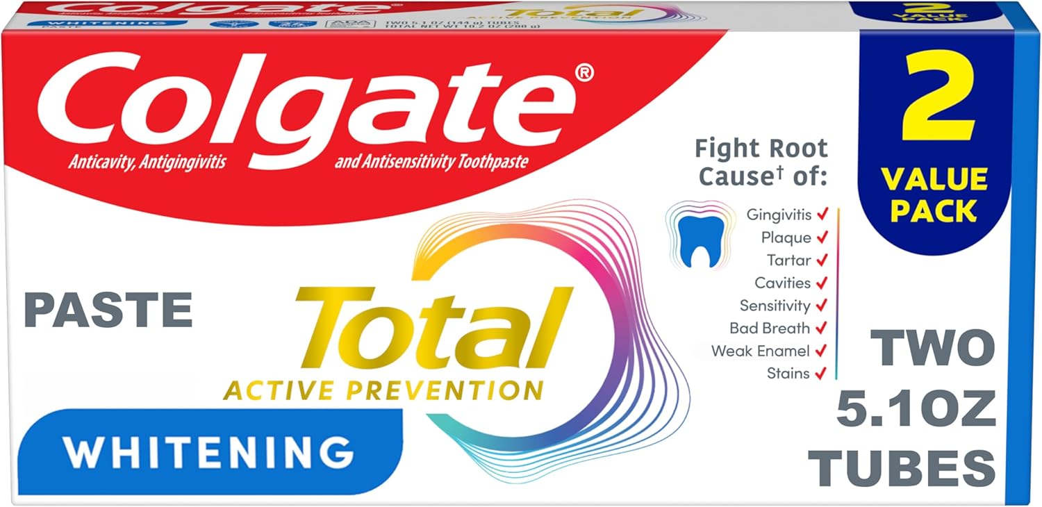 Colgate Total Whitening Toothpaste Paste, 5.1 oz, 2 Pack, Fluoride Antibacterial for Plaque, Gingivitis, Sensitivity, Stain Removal, Clinically Proven, Mint