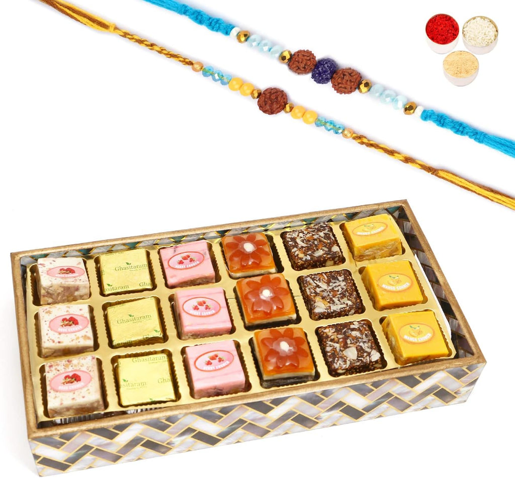 Ghasitaram Gifts Rakhi Gifts for Brothers Printed Blue Tray of Assorted Bites with 2 Blue Rudraksh Rakhis