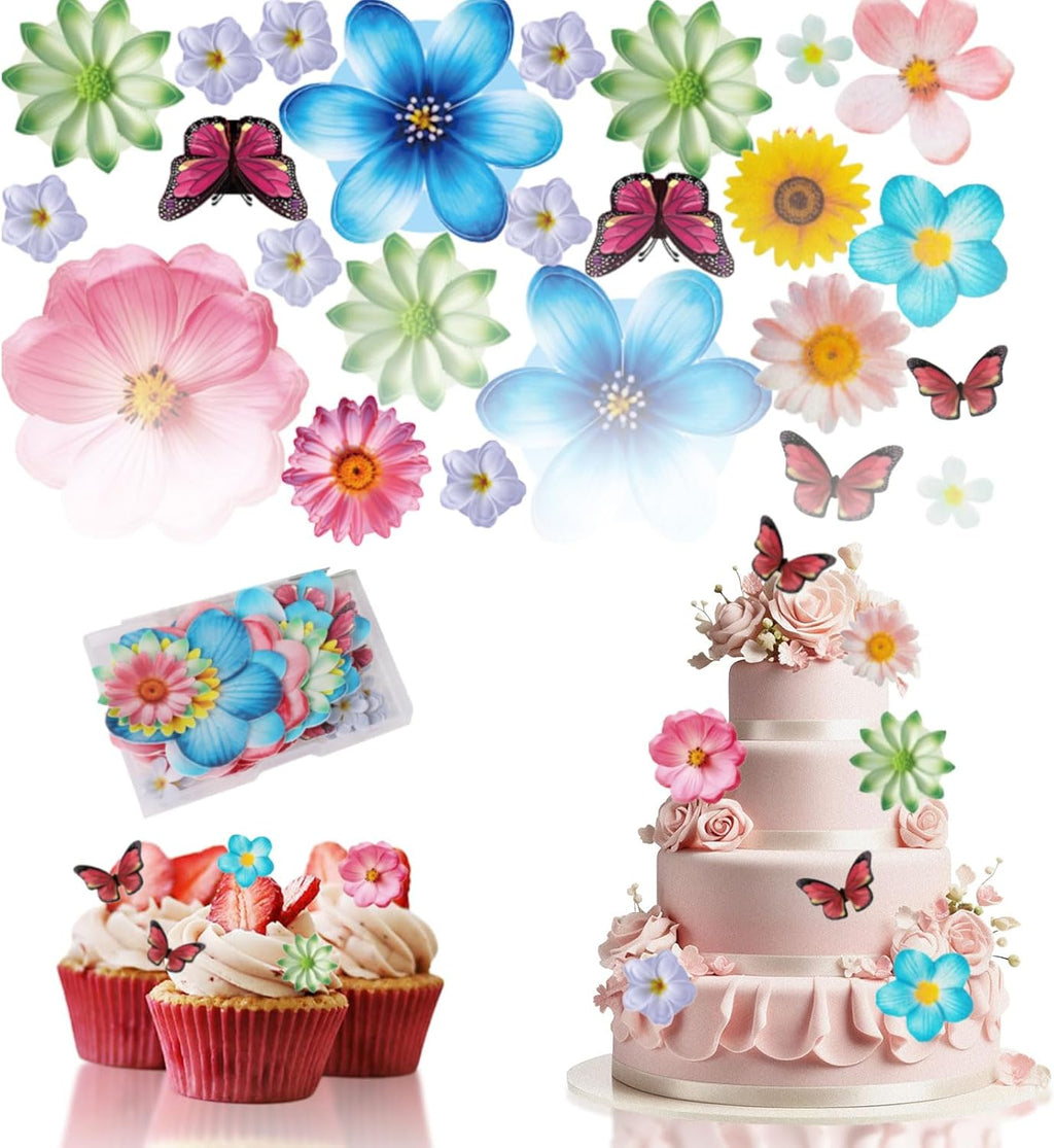 Edible Flowers Cake Decorations - Butterflies Cake Topper Set of 55PCs, Wafer Paper Cupcake Toppers for Wedding Birthday Party Cake Decorating (Mixed Size & Colour)