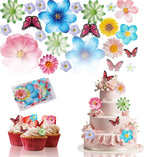 Edible Flowers Cake Decorations - Butterflies Cake Topper Set of 55PCs, Wafer Paper Cupcake Toppers for Wedding Birthday Party Cake Decorating (Mixed Size & Colour)