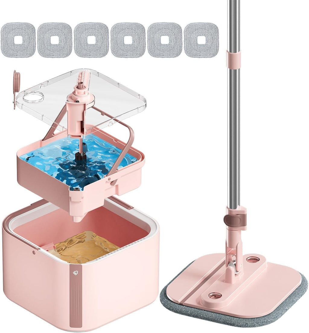 KZKR Square Spin Mop and Bucket Set with Self Separation Dirty and Clean Water System,Self Wringing 360° Rotating Mops Head for Home Floors Cleaning (2.0 mop Bucket Set with 6 Pads, Pink)