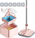 KZKR Square Spin Mop and Bucket Set with Self Separation Dirty and Clean Water System,Self Wringing 360° Rotating Mops Head for Home Floors Cleaning (2.0 mop Bucket Set with 6 Pads, Pink)