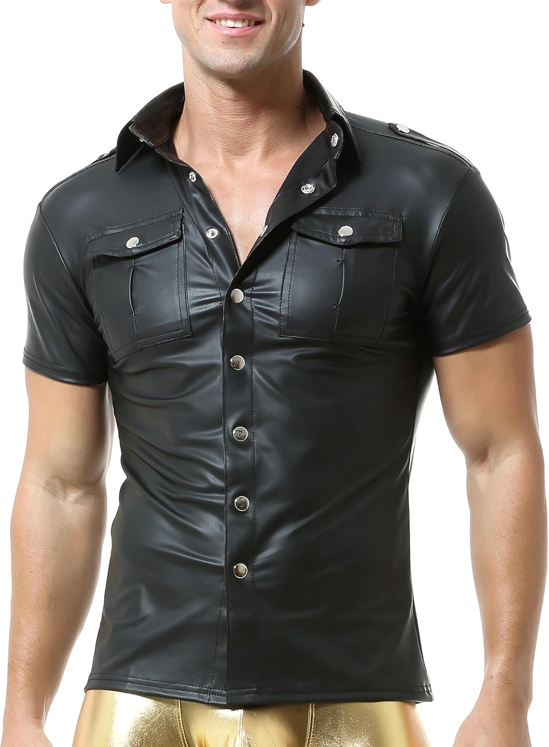 DTODWW Mens Wet Look Undershirt Faux Leather Zipper Shirts Shiny Short Sleeve T-Shirts Slim Fit Muscle Tops Casual Clubwear