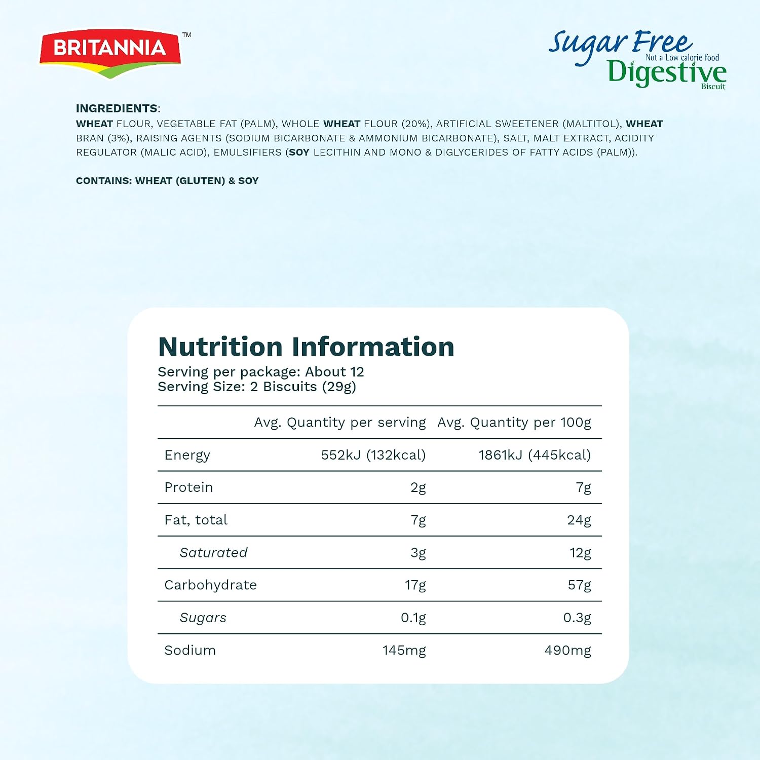 BRITANNIA Digestive Sugar Free Biscuits 12.34oz (350g) - Whole Wheat Flavor Cookies - Breakfast & Tea Time Healthy Snacks (Pack of 1)