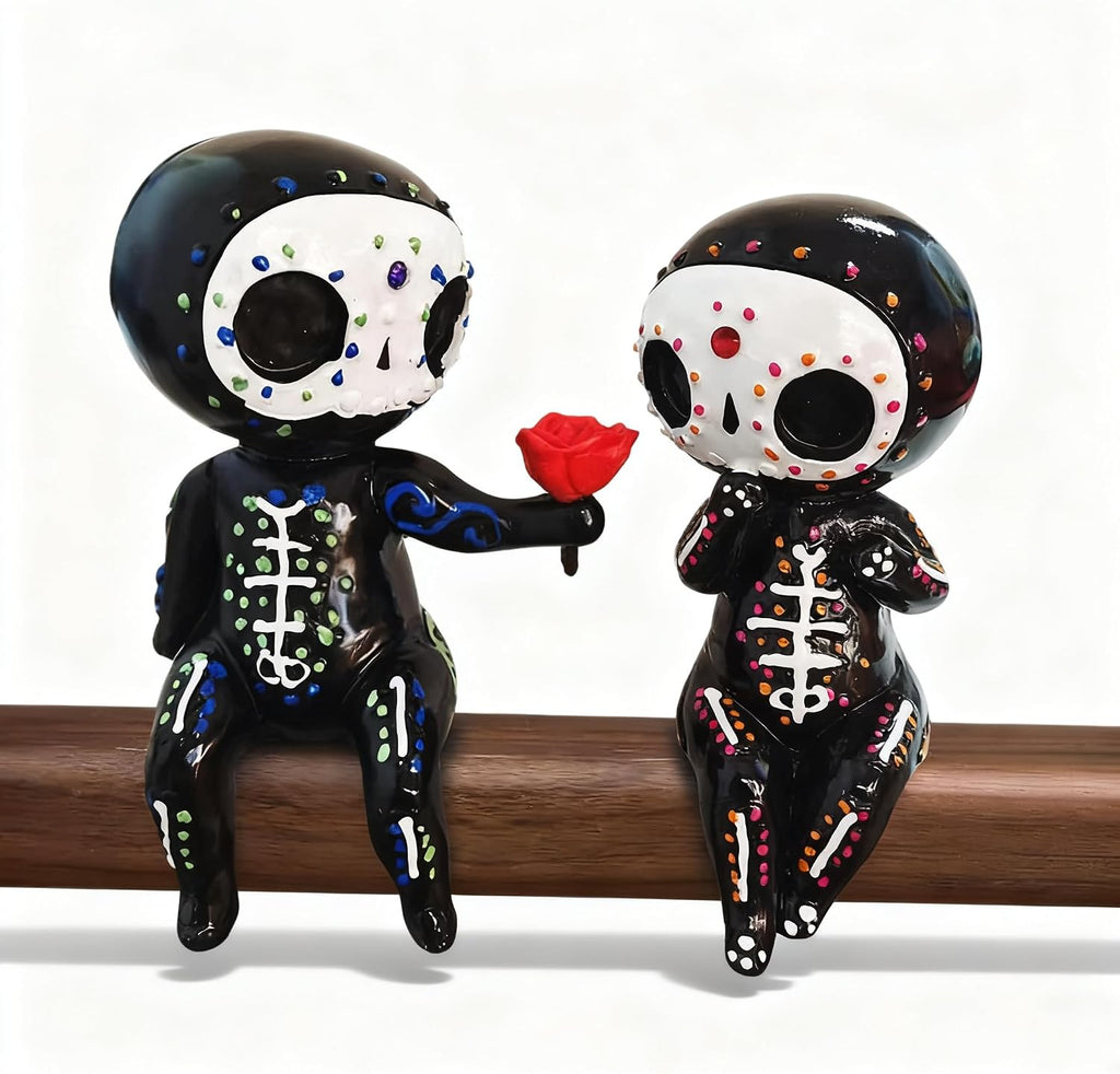 Sugar Skull Statue， Sugar Skull Couple Figurine Desktop Ornaments Indoor Decoration (Rose)
