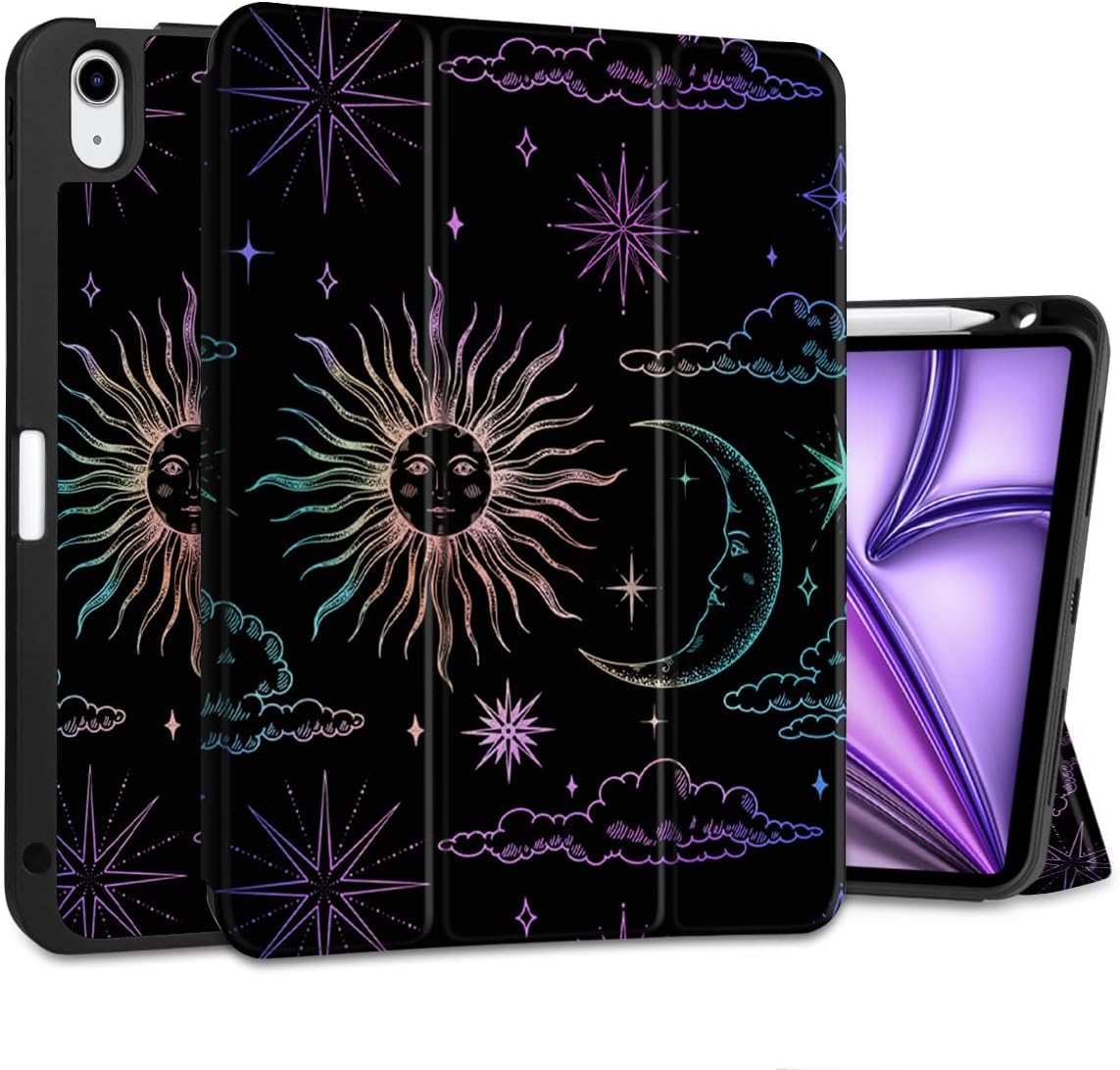 DONGKE for iPad Air 11 Inch Case M4 2026 / M3 2025 / M2 2024 & iPad Air 5th 2022 / 4th Gen 2020 10.9 Inch, Ultra Thin Soft TPU Back Cover with Pencil Holder Support Auto Wake/Sleep, Sun & Moon