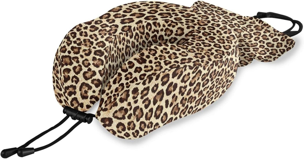 ALAZA Memory Foam Travel Pillow with Snap Clip Animal Leopard Print Geometric Brown Neck Pillow for Airplane Travel Kit, Soft Comfortable and Washable