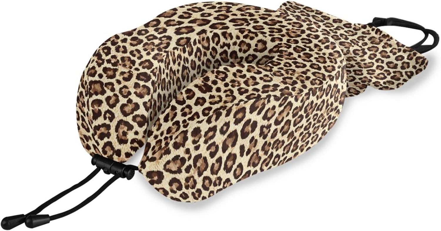 ALAZA Memory Foam Travel Pillow with Snap Clip Animal Leopard Print Geometric Brown Neck Pillow for Airplane Travel Kit, Soft Comfortable and Washable