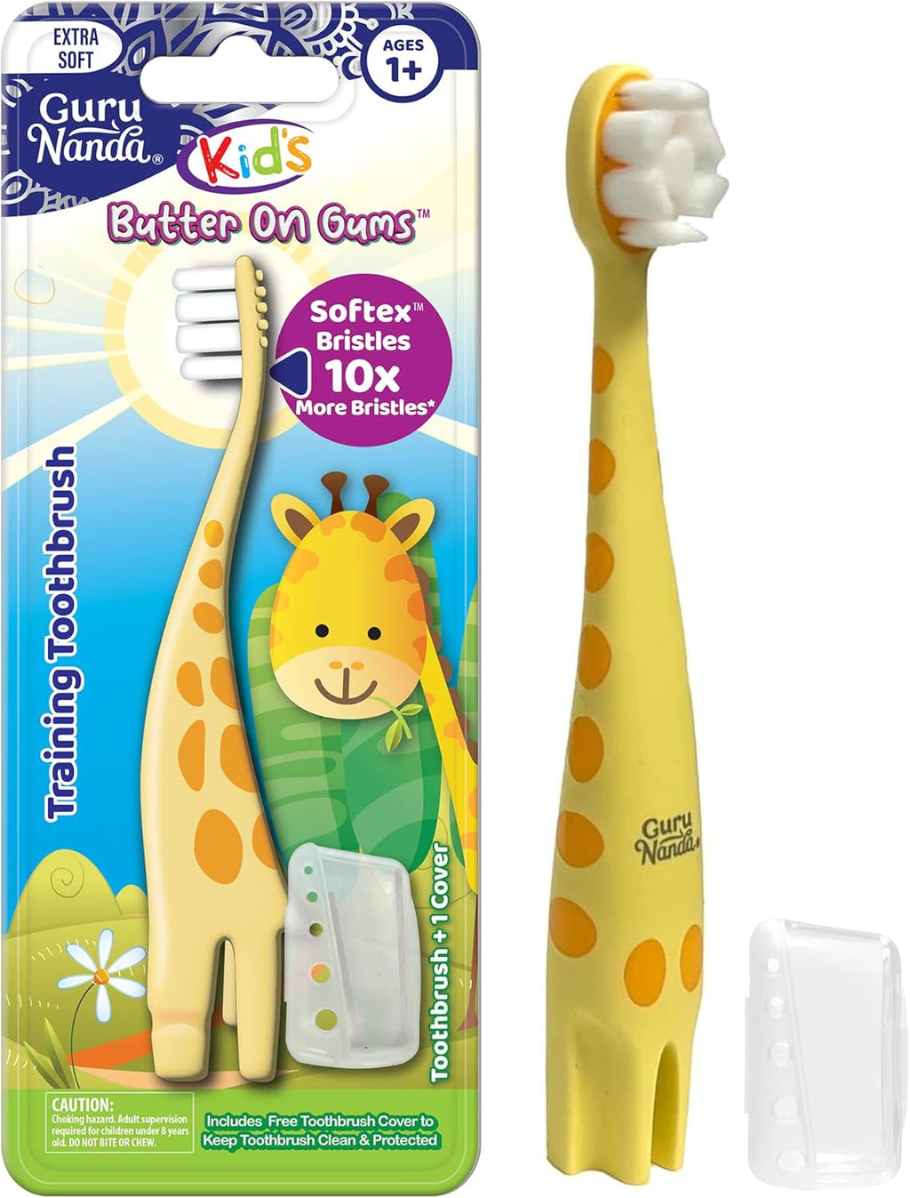 GuruNanda Kids Butter On Gums Cute Giraffe Toothbrush with Tongue Scraper & Cover - Super Soft Bristles for Gentle Cleaning -Ergonomic Handle (Age 1+)