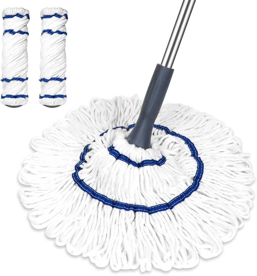Silkyhose Self-Wringing Twist Mop Cotton Rotating Dry & Wet Mops with 2 Reusable Heads for Floor Cleaning Kitchen Bathroom Hardwood Vinyl Tile Laminate Household Office (White Style 2)