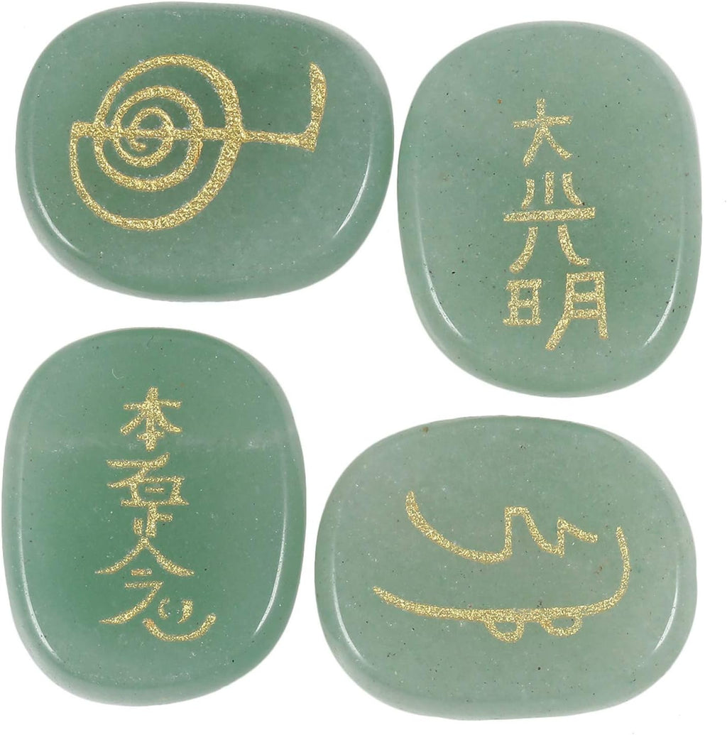 Amogeeli Aventurine Chakra Symbol Engraved Crystal Energy Pocket Stone Healing Reiki Stone Set of 4