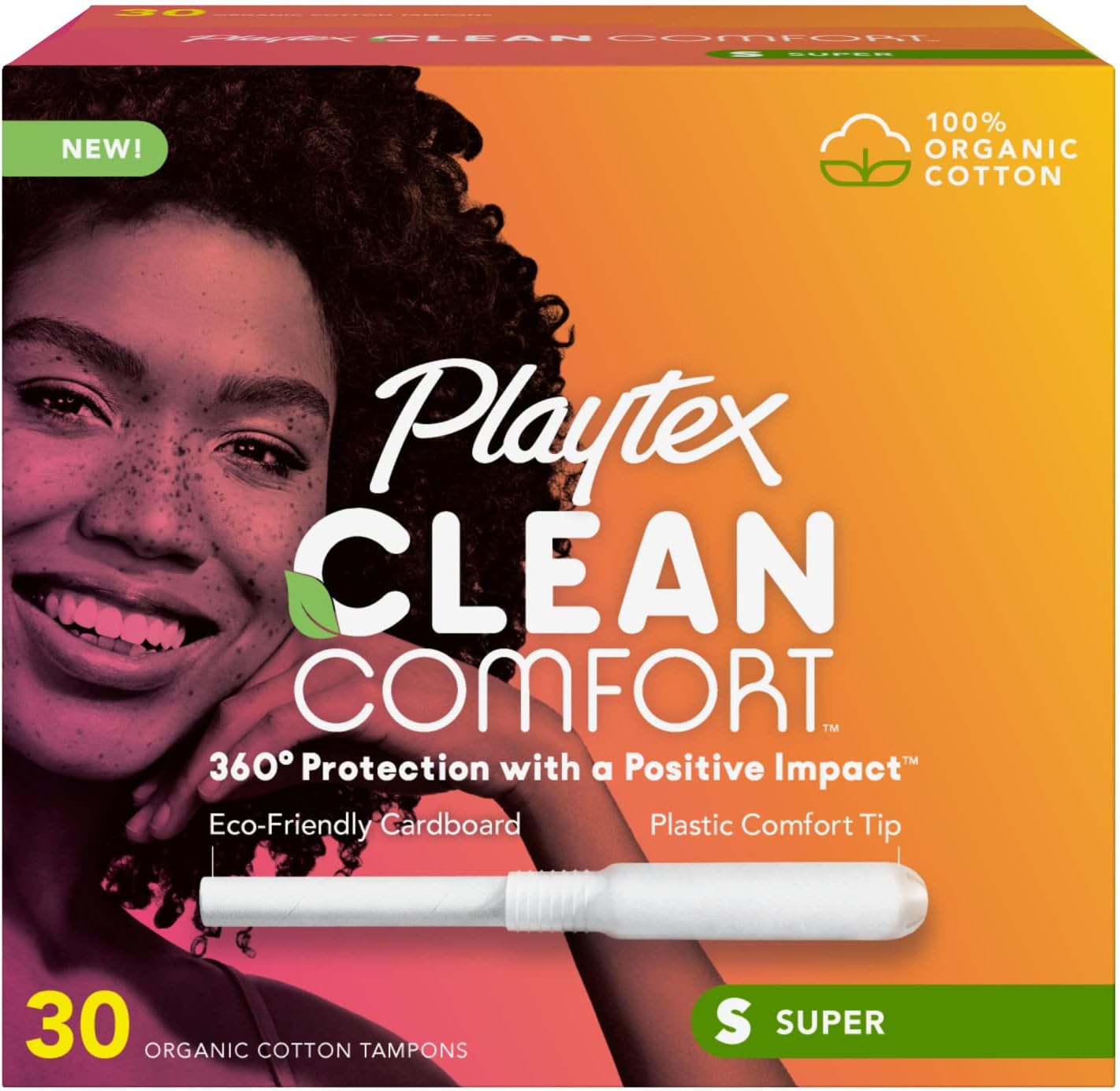 Playtex Clean Comfort Organic Cotton Tampons, Super Absorbency, Fragrance-Free, Organic Cotton - 30ct