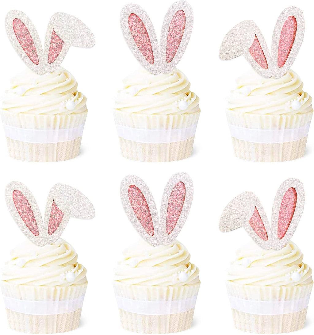 Ercadio 24 Pack Easter Bunny Ear Cupcake Toppers Glitter Pink Rabbit Ears Cupcake Picks Easter Bunny Cupcake Decors Rabbit Cake Toppers for Kids Girls Birthday Baby Shower Party Supplies