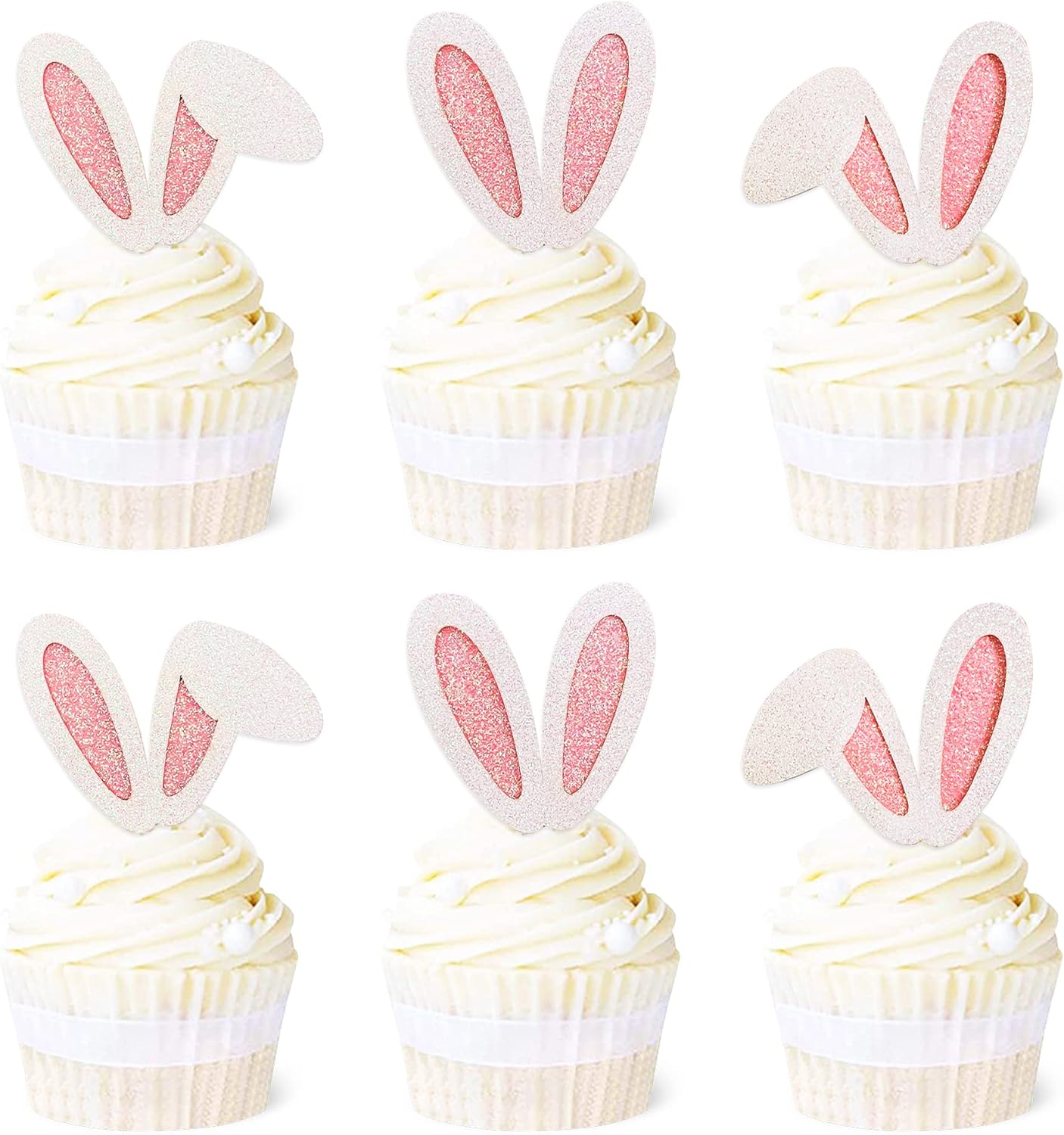 Ercadio 24 Pack Easter Bunny Ear Cupcake Toppers Glitter Pink Rabbit Ears Cupcake Picks Easter Bunny Cupcake Decors Rabbit Cake Toppers for Kids Girls Birthday Baby Shower Party Supplies