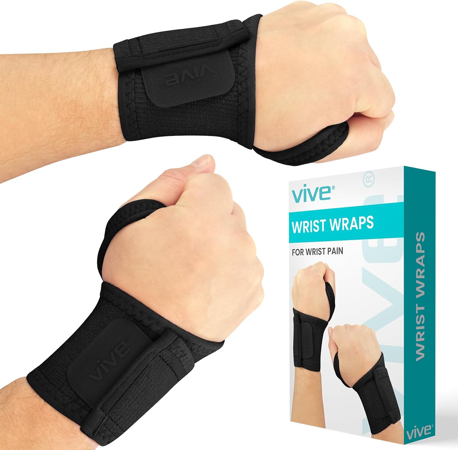 Vive Wrist Wrap Braces (2 Pack) - Tendonitis Support for Carpal Tunnel Arthritis - Sprained Pain Protection Sleeve - Weightlifting & Calisthenics Compression Stabilizer for Women, Men - Adjustable
