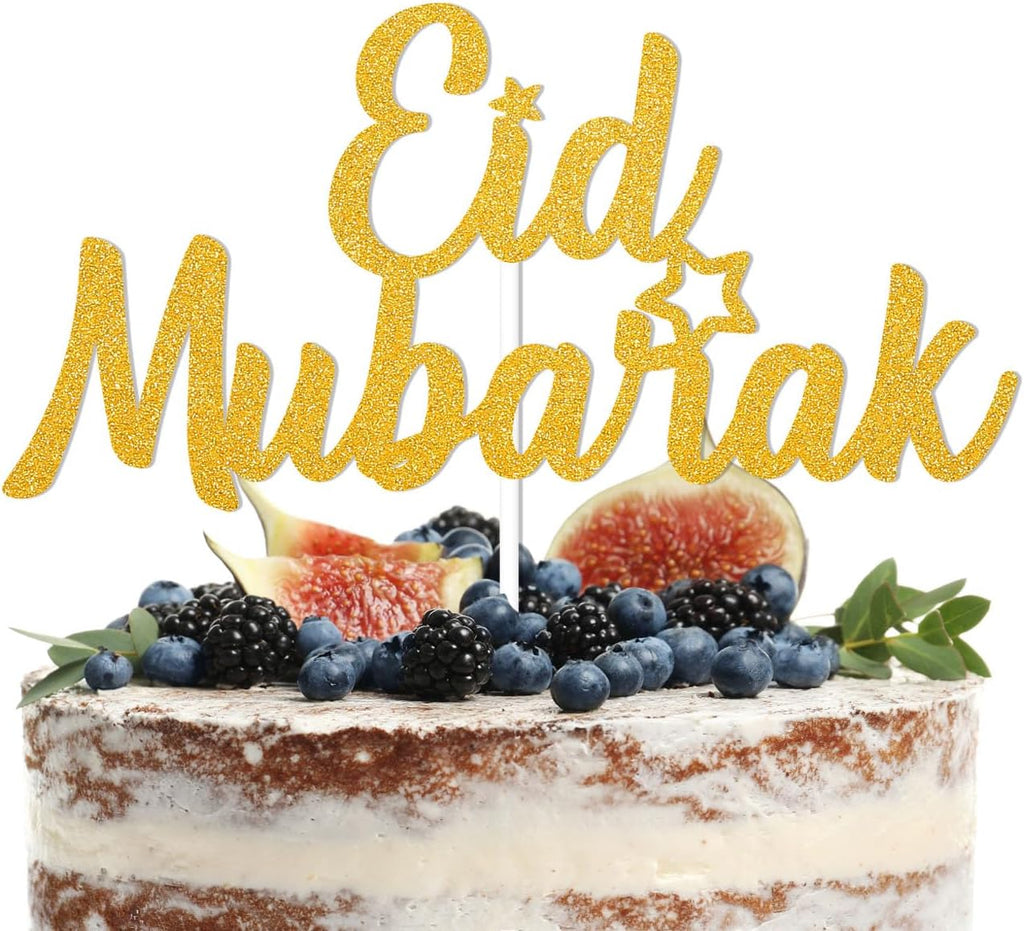 Eid Mubarak Cake Topper - Ramadan Mubarak Decorations - Ramadan Kareem Cake Topper, Islamic Photo Props for Wedding/Baby Shower/Birthday Party Decorations Gold Glitter