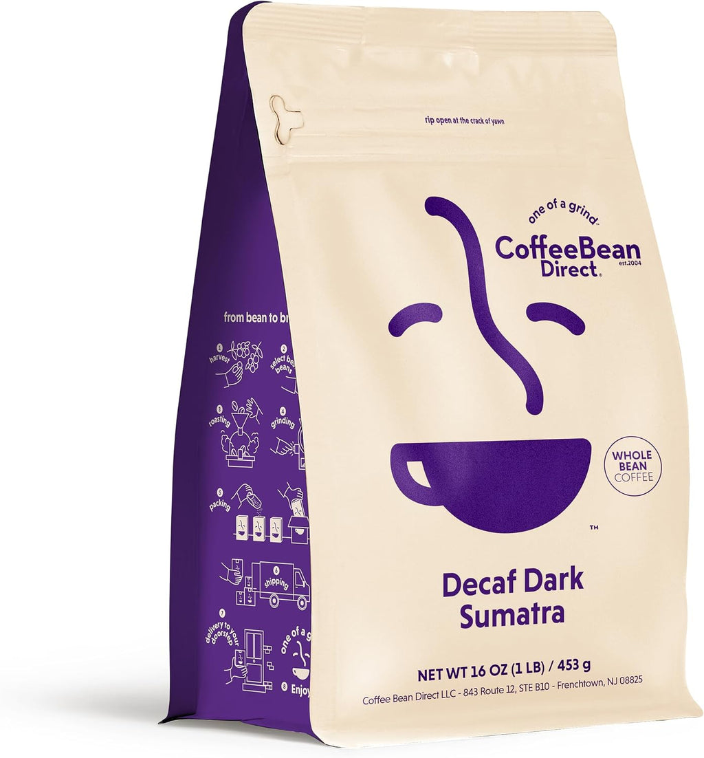 Coffee Bean Direct Decaf Dark Sumatra, Whole Bean Coffee, Arabica Coffee, Dark Roast, 1 Pound Bag (Pack of 1)