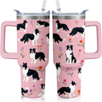 40oz Border Collie Dog Tumbler with Handle and Straw, Cute Stainless Steel Insulated Cup with Lid and Straw, Travel Coffee Mug Water Bottle, Birthday Mothers Day Gifts for Women Men Animal Lovers